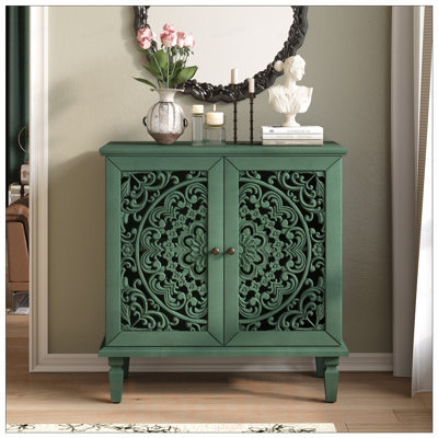 Commode d'appoint rétro sculptée, buffet de rangement à 2 portes avec motif floral symétrique, tablette réglable et pieds en bois massif pour le vestibule du salon
