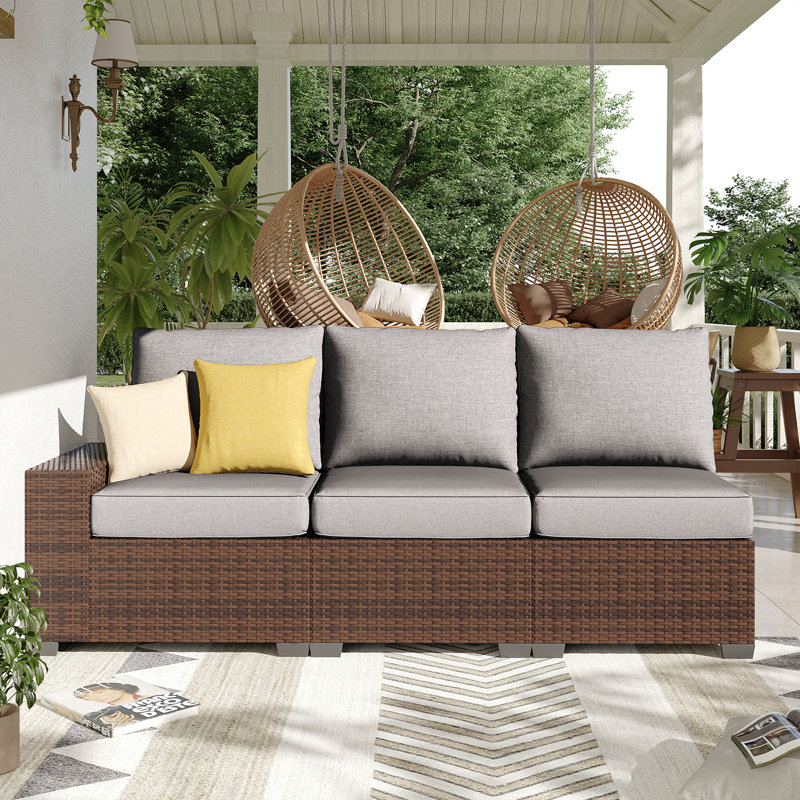 3 -Person Rattan Patio Safo With Cushions, Gray