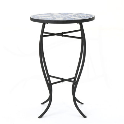 Outdoor Round Side Table With Mosaic-Style Top And Curved Iron Legs, End Table-Blue
