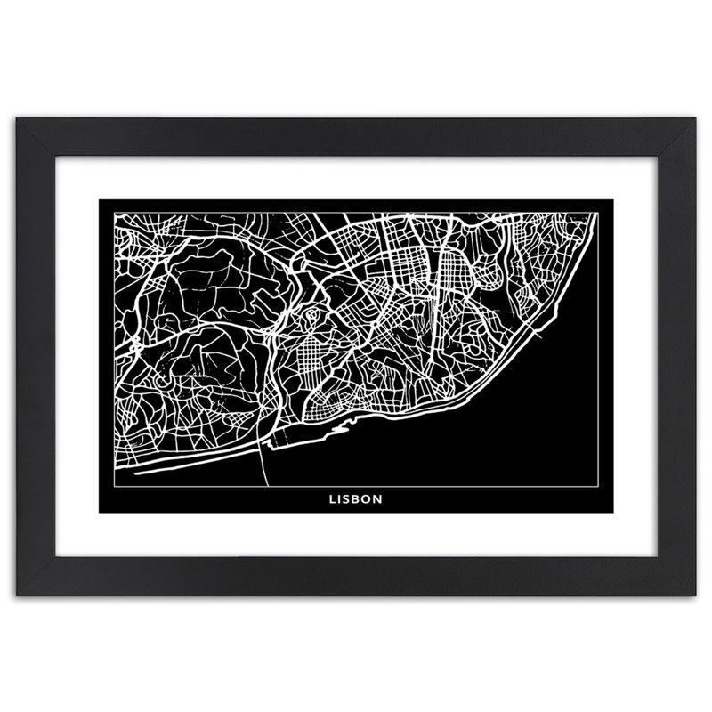 Lisbon City Map - Single Picture Frame Print, Black, 60cm H x 90cm W