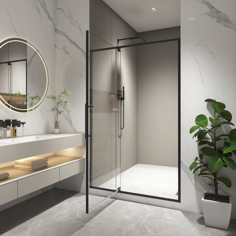 Porte de douche pivotante de 44 à 48 po x H 74 po, ouverte à l'extérieur, arrêt à 105 degrés, avec finition en verre trempé de 5/16 po