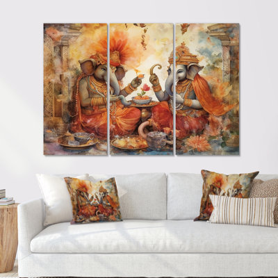 Hindouisme aquarelle Ganesha avec détails complexes - ensemble de salon art mural de l'hindouisme