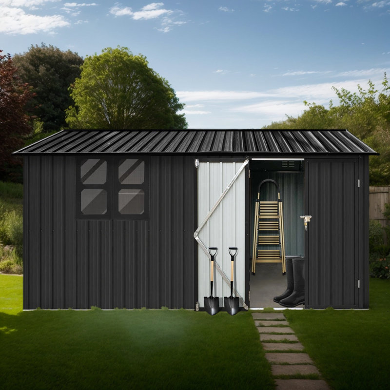 Remise de rangement extérieure en acier 10 x 12 pi avec porte à charnières et évent, Noir, noir, noir, noir
