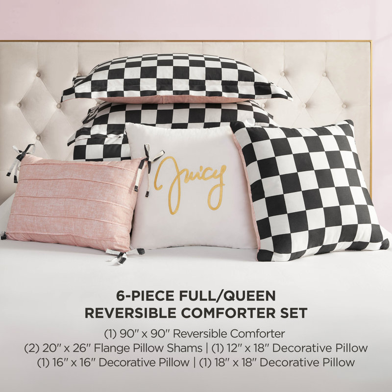 Juicy Couture Checkerboard Comforter Sets, Queen Comforter + 5 Additional Pieces, Black/White