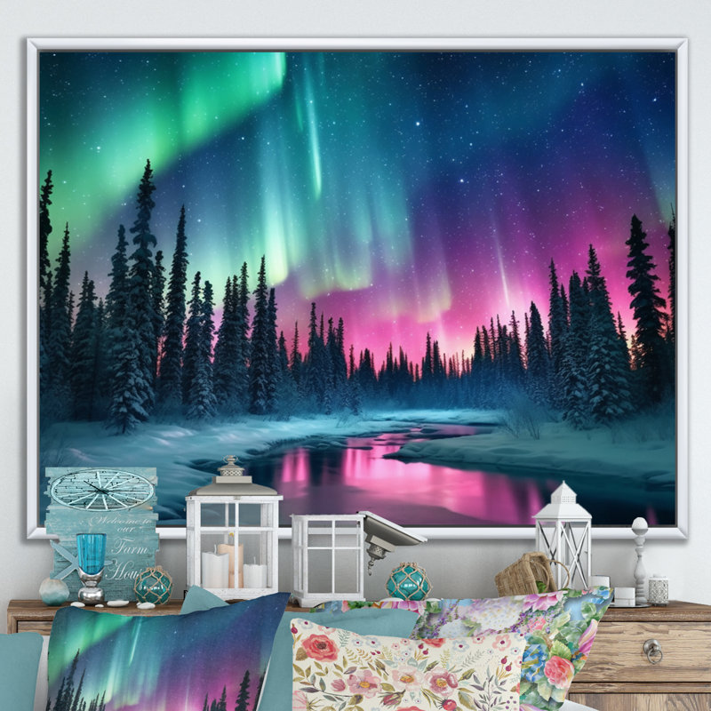Northern Lights In Alaska II - Alaska, art mural, H 30 po x l 40 po x P 1,5 po, Cadre flottant blanc