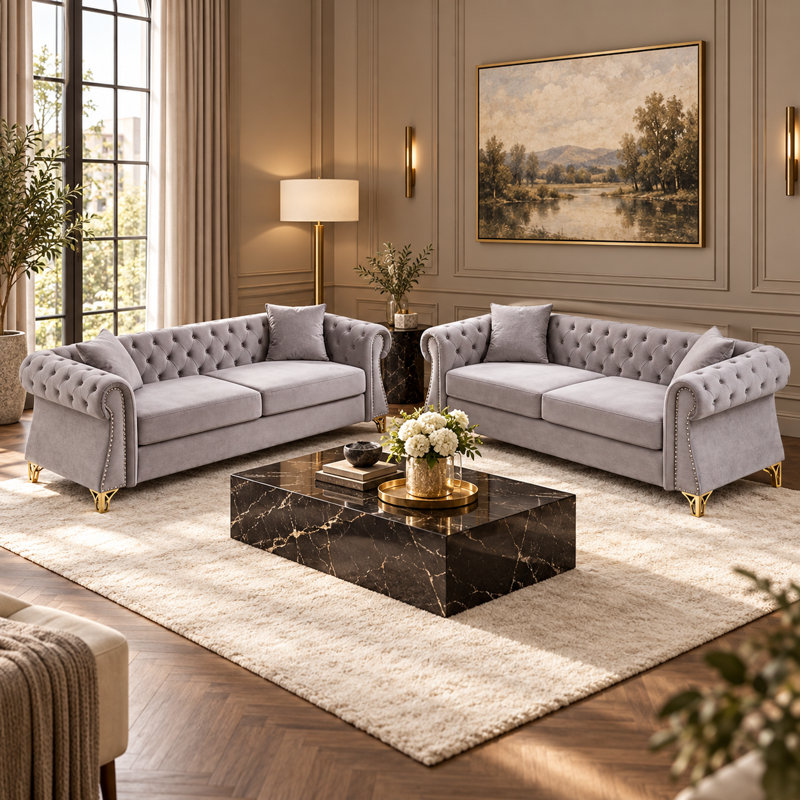 Ensemble de canapé chesterfield en velours 2 pièces Chisholm avec deux canapés 3 places de 80 po, capitonnage, accoudoirs roulés et pieds en métal