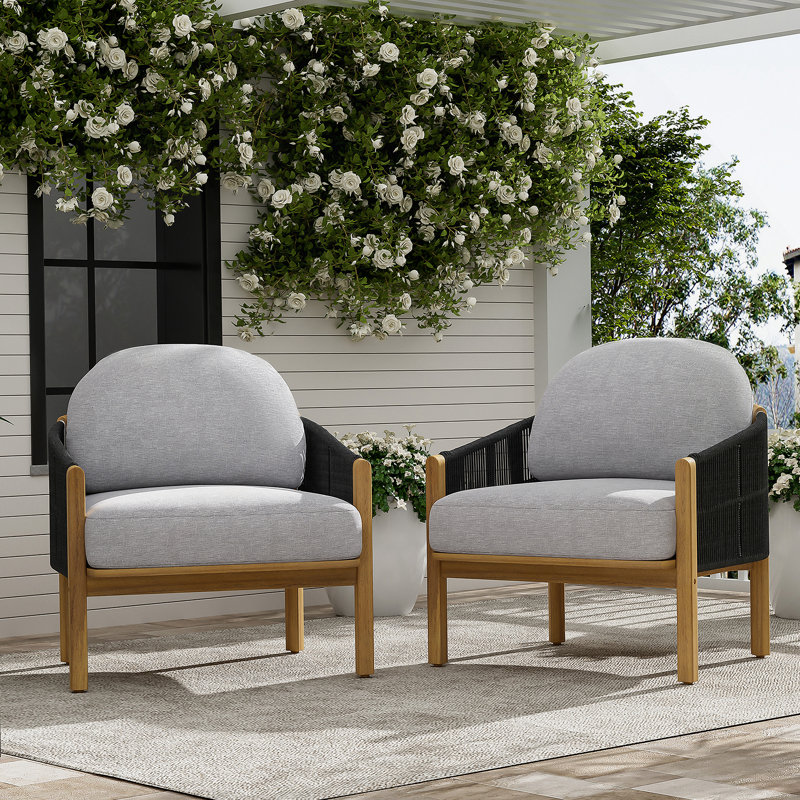 Fauteuil club d'extérieur en bois, corde gris foncé avec coussin gris, ensemble de 2, Gris, Noir