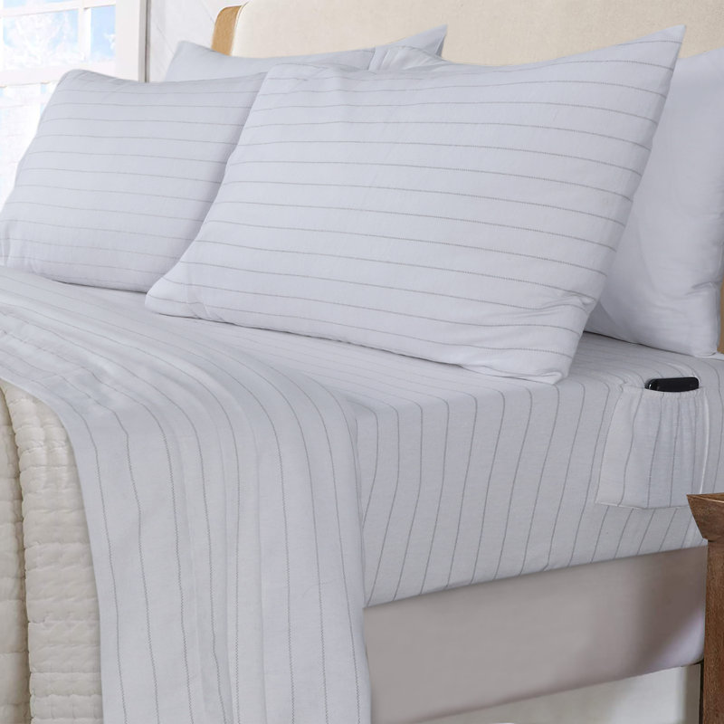 100% Cotton Flannel Sheet Set, Cal.King Sheet Set+Fitted Sheet+2Pillowcases, White Pin Stripe