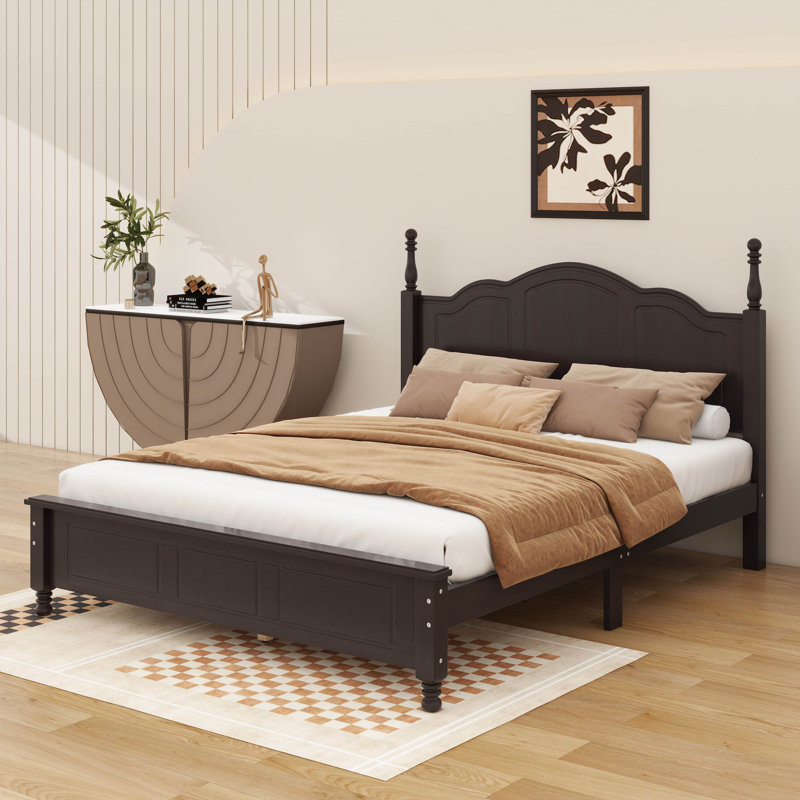 Lit plateforme robuste en lattes de bois avec attrait en bois rétro, Grand lit, Noyer foncé