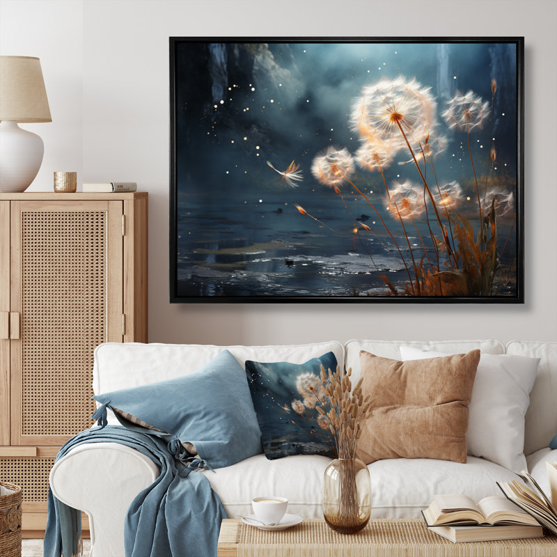 Dandelion Dreams Flight - Floral Canvas Wall Art, H 30 po x l 40 po x P 1,5 po, Cadre flottant noir