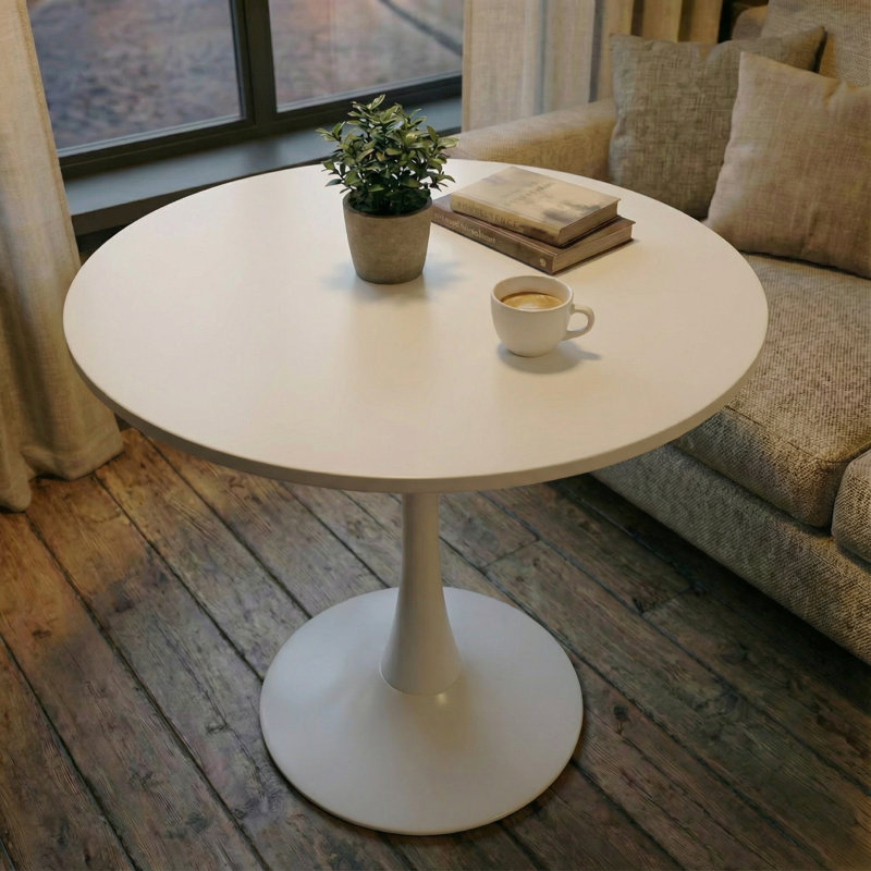Table de salle à manger ronde de 31,5 po avec base piédestal noire, table basse de style Mid-Century moderne, Blanc