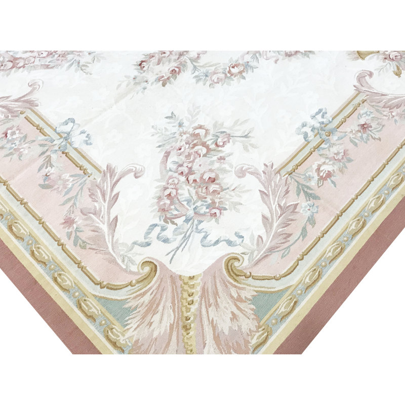 Tapis ivoire et rose noué à la main de haute qualité