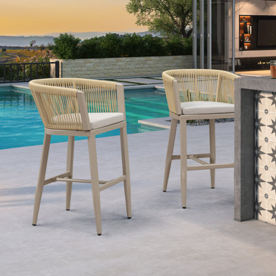 Counter Height Bar Stools Set Of 2 Rattan Bar Stools With Cushions Outdoor Bar Chairs For Kitchen Backyard Poolside Patio by Corrigan Studio