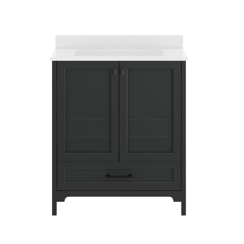 Meuble-lavabo de salle de bain avec lavabo encastré, armoire et tiroir, Noir, Noir mat
