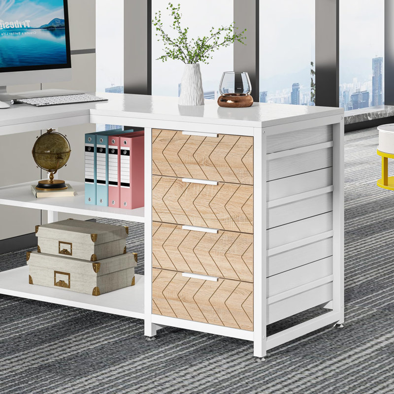 L-Shaped Computer Desk, White, Beige/White