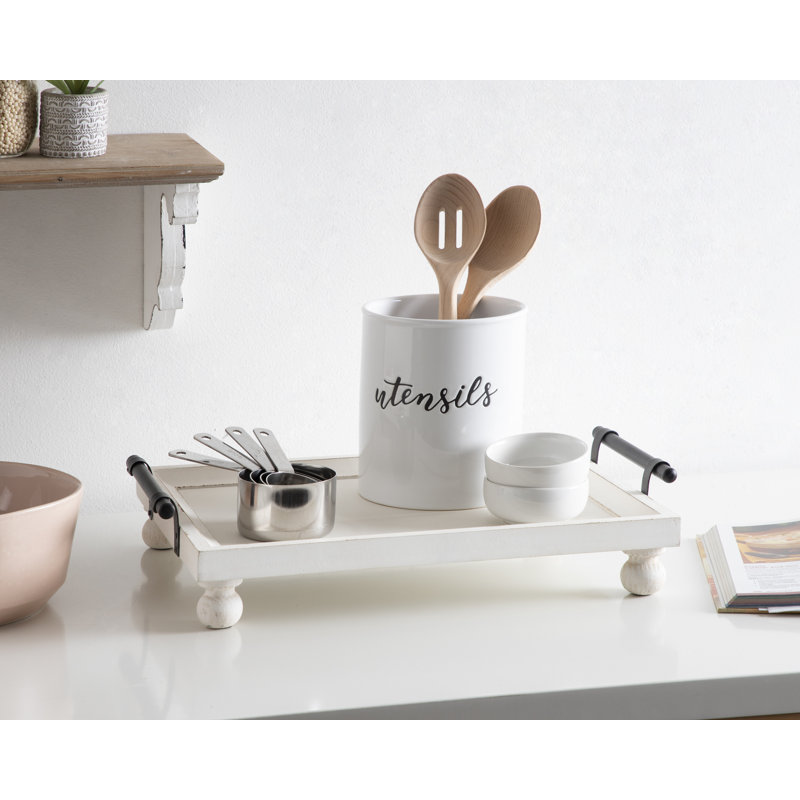 Distressed White Solid Wood Tray with Antique Metal Handles