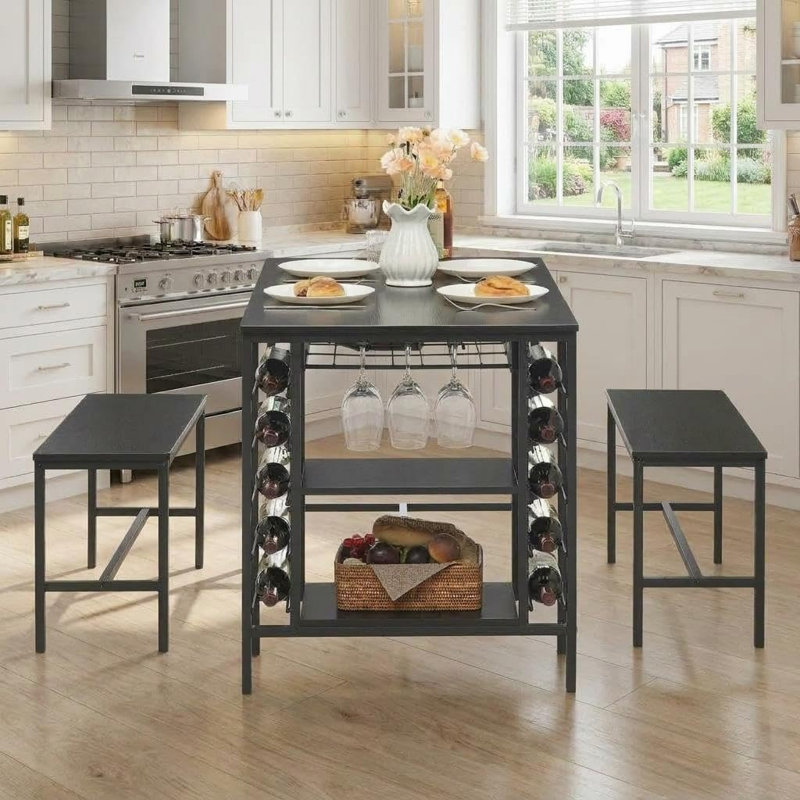 Ensemble de salle à manger de 47 po pour 4 personnes avec 2 bancs, un porte-bouteilles et 2 tablettes de rangement à deux niveaux 47 po