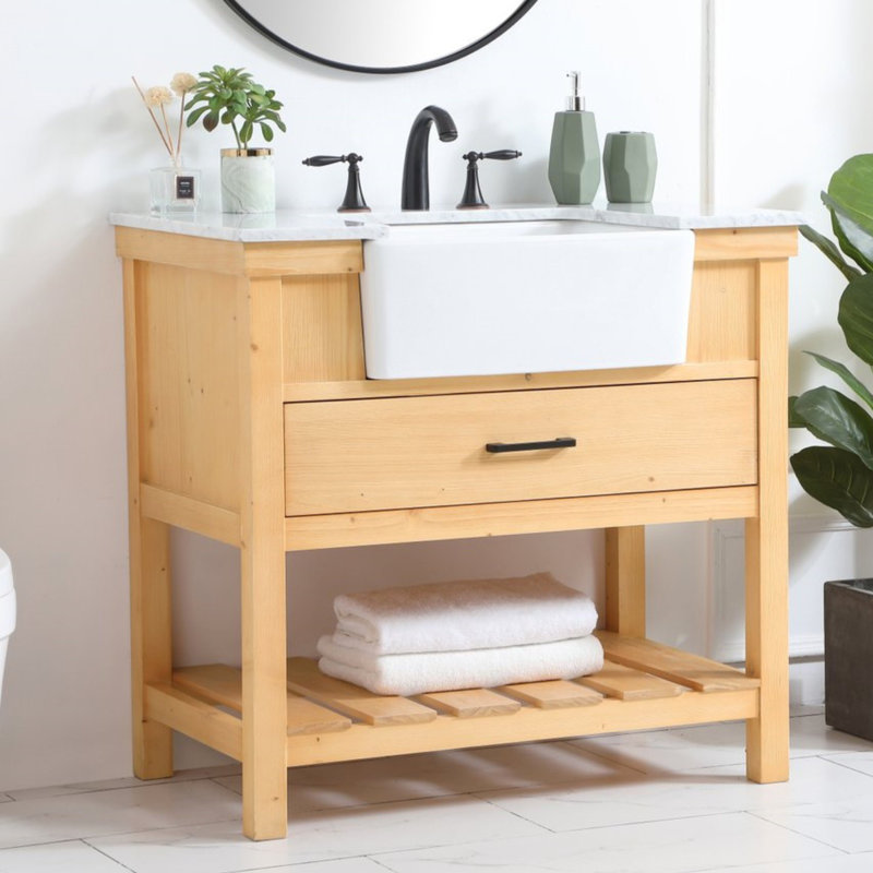 Pelaghia 36'' Single Bathroom Vanity with Marble Top, Natural Wood
