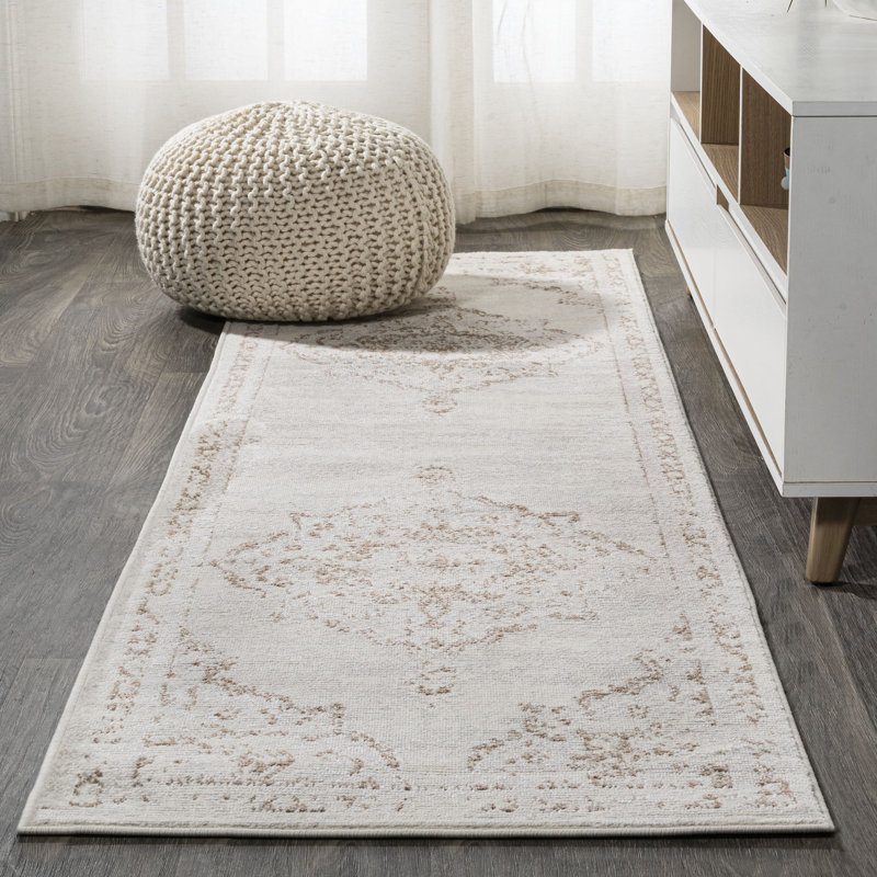 Pruden Ornate Medallion Modern Cream/Red Rug, Runner 2'2" x 8'