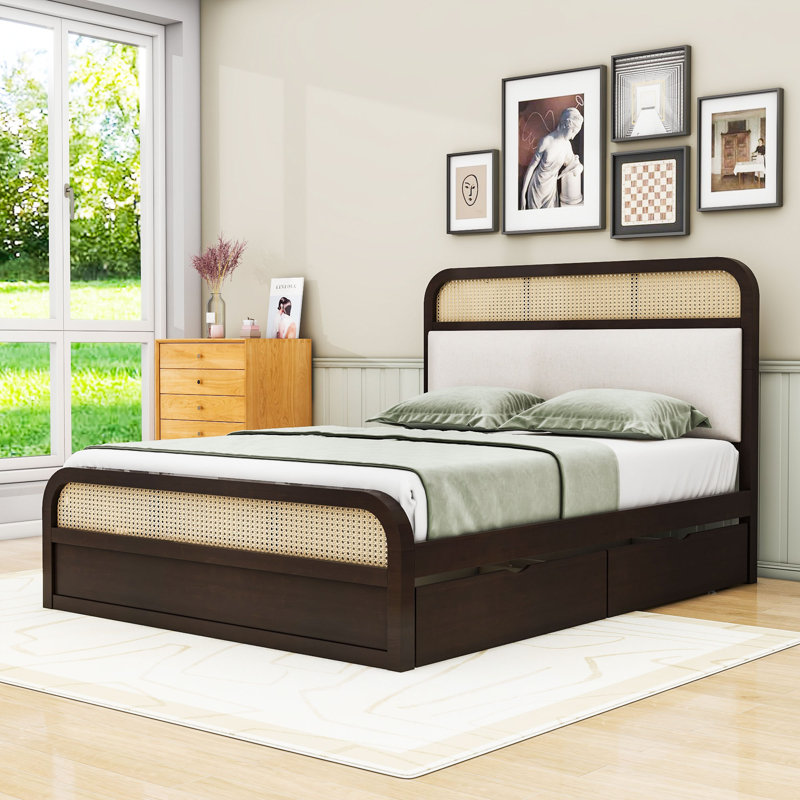 Queen 2 Drawers Wood Platform Bed with Trundle, Espresso