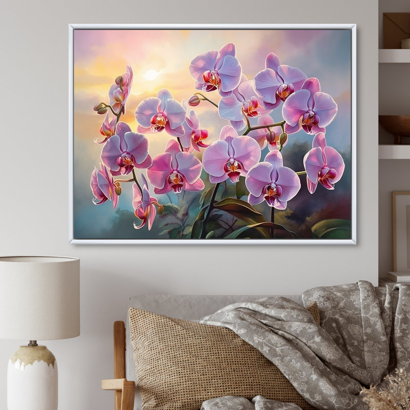 Orchidées roses, coucher de soleil I - art mural orchidée, H 24 po x l 32 po x P 1 po, Cadre flottant blanc