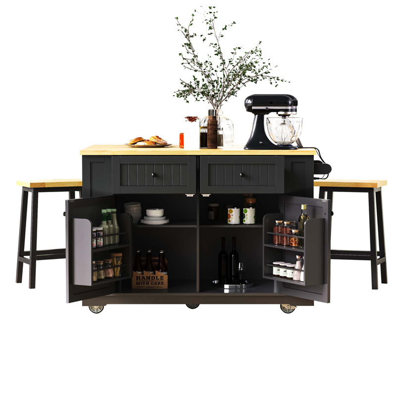 48 Inch Large Kitchen Island With Drop Leaf,Power Outlet,Internal Storage Rack,Rolling Kitchen Storage Cart On 5 Wheels With 5 Open Side Racks For Kitchen,Dining Room