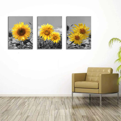 Sunflower Wall Art For Living Room Black White Flowers Wall Decor Yellow Floral Canvas Prints Painting Wood Frame With Hook Decorative Botanical Blossom Picture Artwork In 3 Panels 12×16 Inches