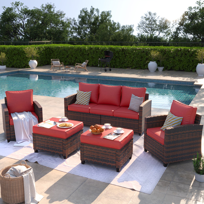 Olefin Fabric 5-Piece Patio Furniture Set, PE Wicker Outdoor Conversation Set with 3-Seat Sofa, 2 Armchairs and 2 Ottomans, Modern Outdoor Seating Set for Patio, Porch & Backyard