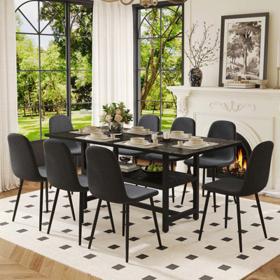 Table And Chair Set, 71*35.4 Inch Grain Spliced Dining Table With Storage Function In The Middle Of The Table Legs, Paired With 8 Linen-Cotton Material High Resilience Dining Chair