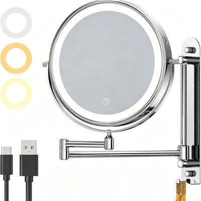 Miroir mural 9 po avec lumières, grossissement 10 fois et 1 bras pivotant à 360 °, réglage de la hauteur de 7 po, éclairage 3 couleurs et à intensité variable, pour les soins de la peau