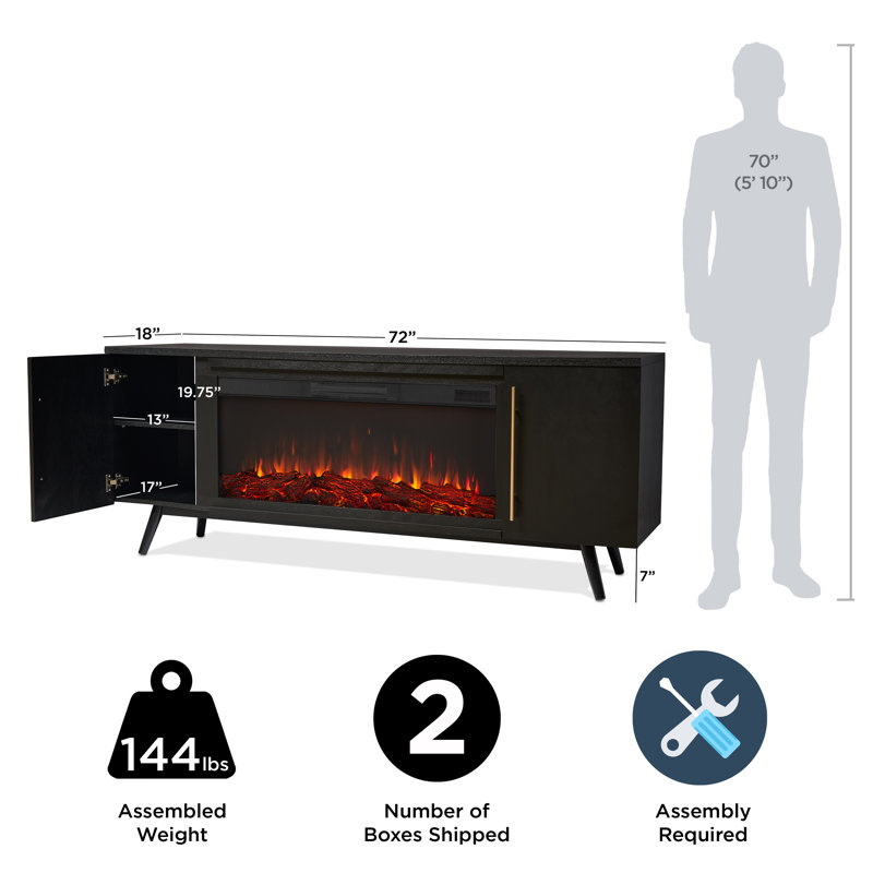 Morris 72" Mid-Century TV Stand with Electric Fireplace by Real Flame, Black, Standard