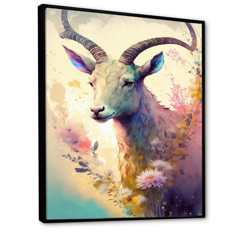 «Cute Goat Floral III», reproduction sur toile, L 30 po x H 40 po, Cadre flottant noir