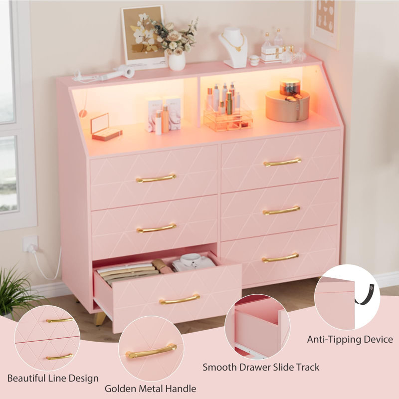 Commode 6 tiroirs pour chambre à coucher, avec station de charge et lumières DEL, Rose
