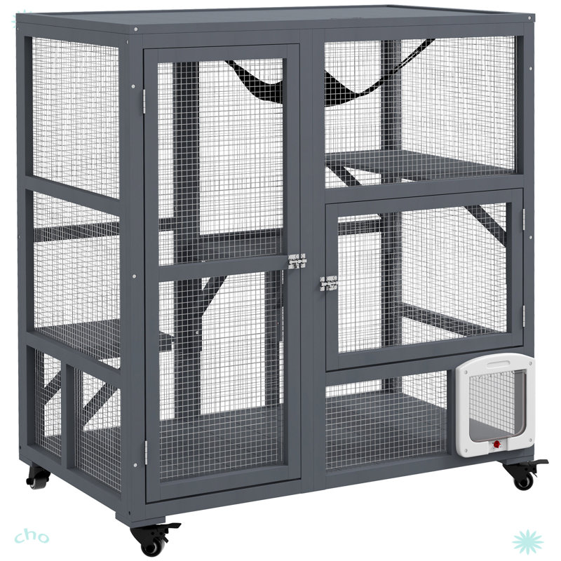 Indoor Cat Enclosure On Wheels, Wooden Kitty Cage With Cat Flap Door