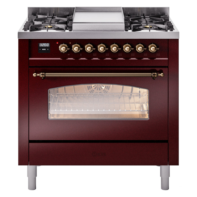 Cuisinière à double combustible 36 pouces avec 6 brûleurs, plaque chauffante (porte vitrée) ILVE Nostalgie II Series