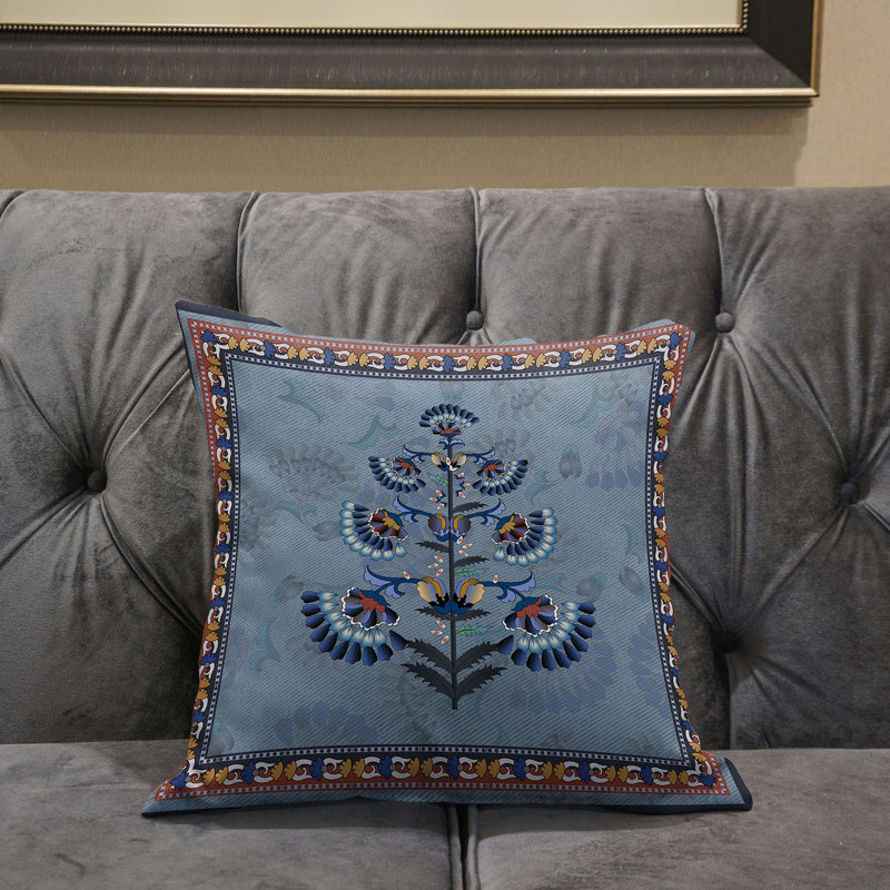 Mughal Buta Outdoor Reversible Throw Pillow, 16" x 16", Gray/Blue/Red