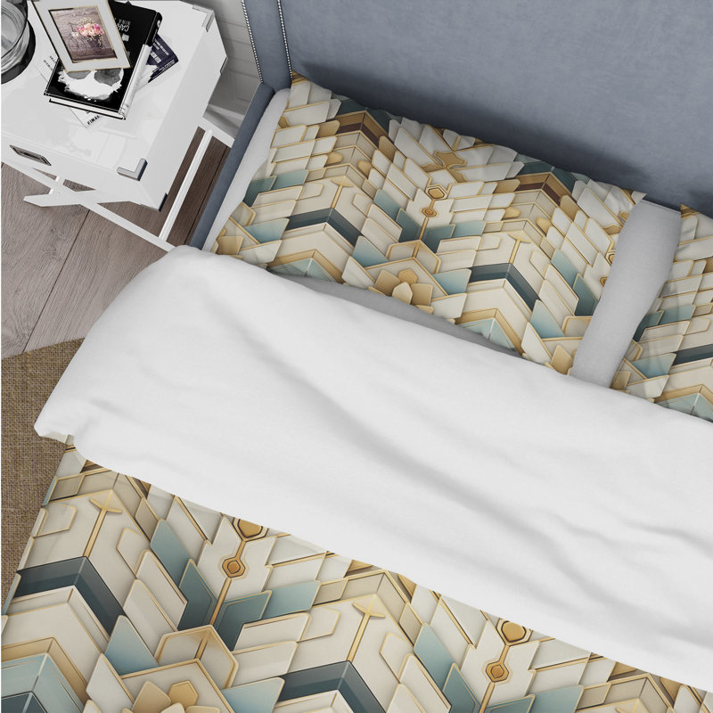 Ensemble de housse de couette à motif de chevrons dorés et bleus Splendor, Housse de couette pour grand lit et 2 taies décor