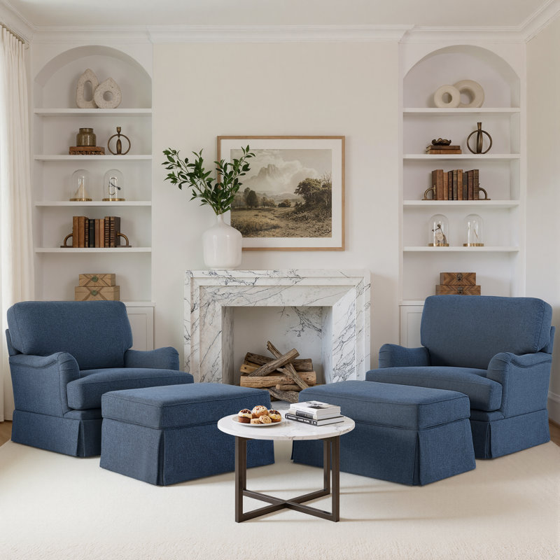 Muro Modern Skirted Swivel Accent Chair With Storage Ottoman (Set Of 2), Dark Blue