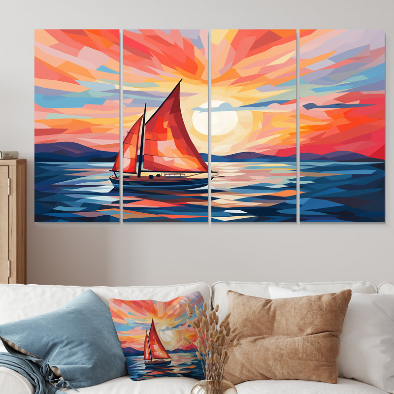 Coucher de soleil sur le bateau II - Bateau, ensemble de 4 décorations murales, H 32 po x l 64 po