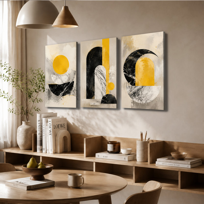 Impression sur toile abstraite géométrique à 3 panneaux muraux jaunes et noirs pour le salon, 24 * 36 pouces * 3