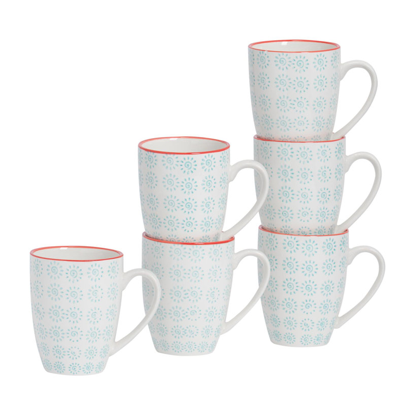 Porcelain Coffee Mug, Turquoise/Red, 6