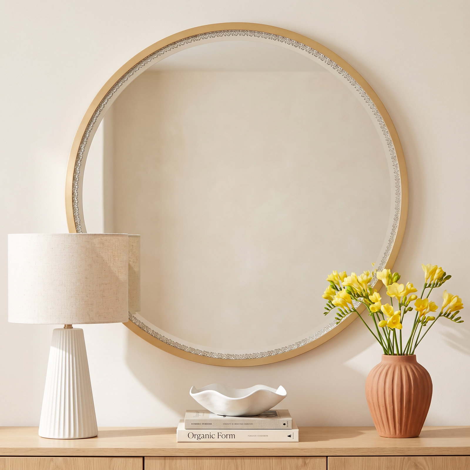 34’’ W Led Round Glam Flat Wall Mirror