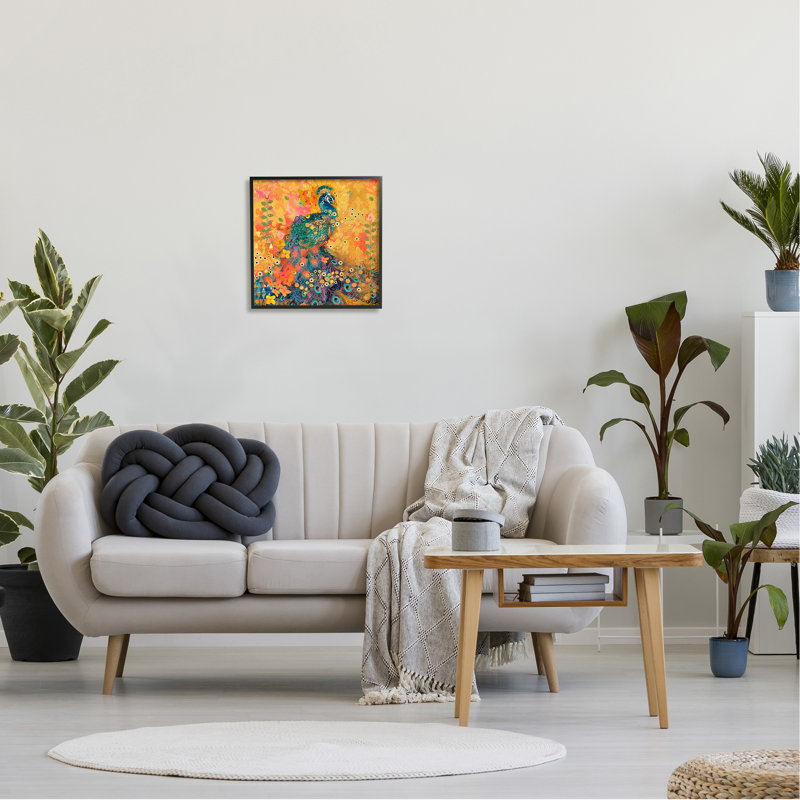 Motif de paon bohémien, impression sur bois, H 17 po x l 17 po x P 1,5 po, Giclée encadrée noir minuit