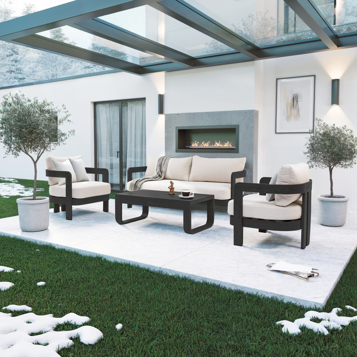Assembly Free Sofa, Quick Assembly Coffee Table,Outdoor Aluminum Sofa Set,  5 Person Outdoor Seating Sofa, Wood Grain Veneer Sofa Set for Patio