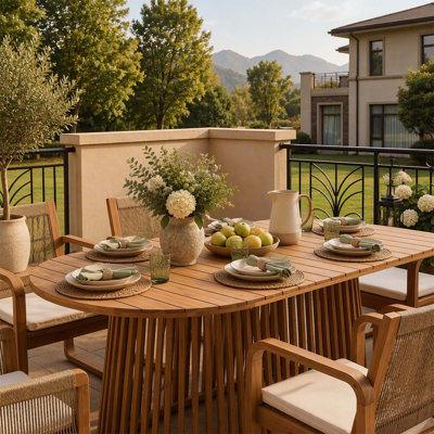Light Teak Acacia Wood Oval Outdoor Dining Table, Tapered Vertical Slatted Single Base, 500 LBS Weight Capacity, Large Patio Table for Garden and Backyard