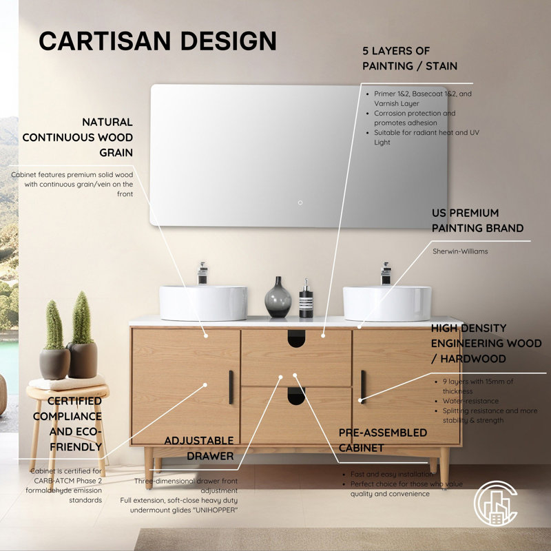 Portree 60" W Double Vanity, Whitewash Oak