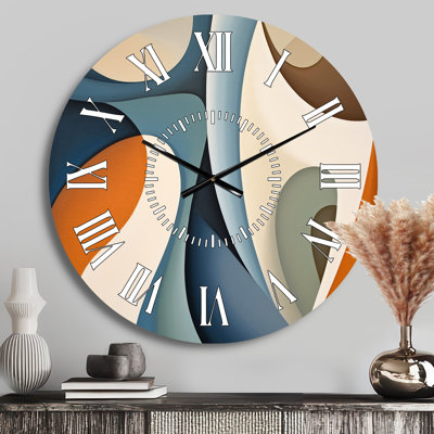 Horloge murale visages symétriques bleus, orange et formes abstraites