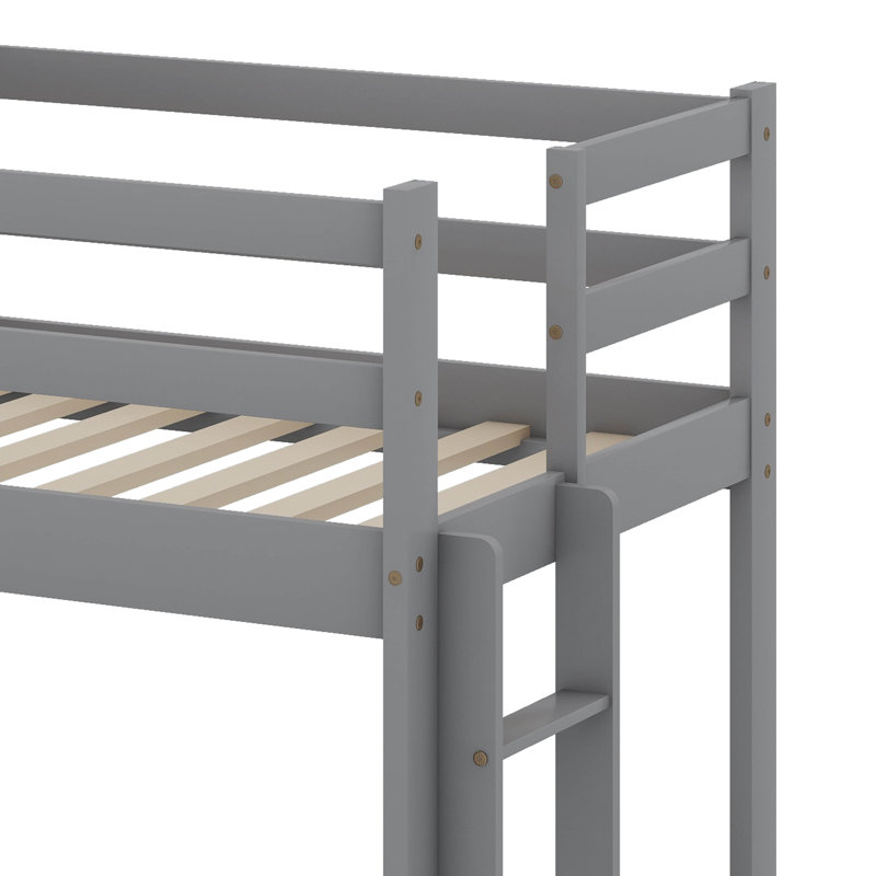 Lit superposé simple au-dessus d'un lit simple en bois avec toit, fenêtre et garde-corps, Gris