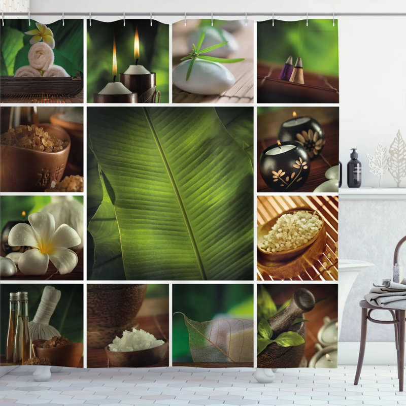 Green Botanical Spa-Themed Polyester Shower Curtain with Hooks