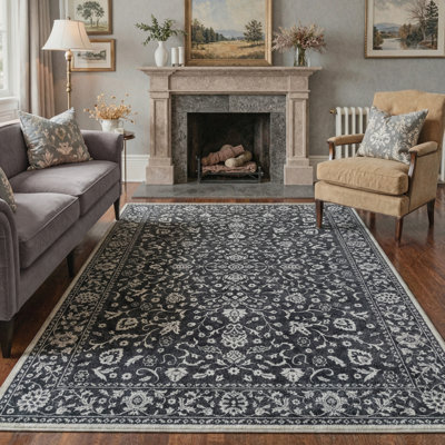 Novara Oriental Floral Machine Washable Black / White Indoor Area Rug with Non-Slip Backing